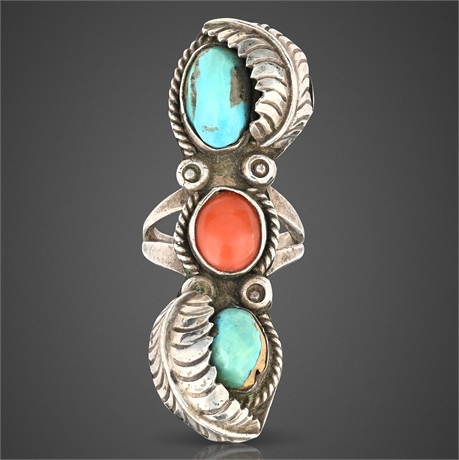 Vintage Navajo Sterling Silver Ring w/ Turquoise & Coral – Size 8