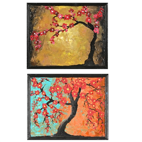 Pair Cherry Blossom Oil Paintings