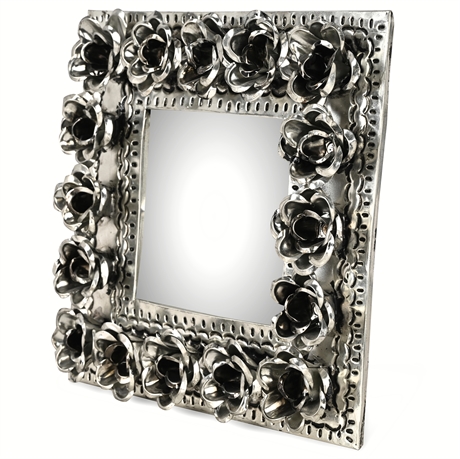 Mexican Folk Art Tin Mirror with 3D Roses – 8.5" Square