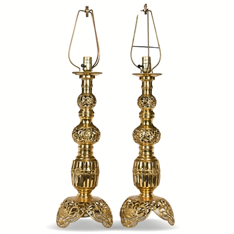 Pair Ornate Brass Lamps