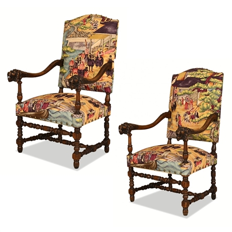 Pair of Louis XIII Style Walnut Lion-Head Fauteuils in Namban Toile