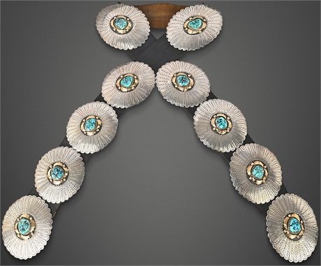 Signed M. John Navajo Sterling, Turquoise & 14K Gold Concho Belt