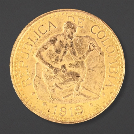 1919 Colombia 5 Pesos Gold – Stonecutter – 22K Final-Year Issue