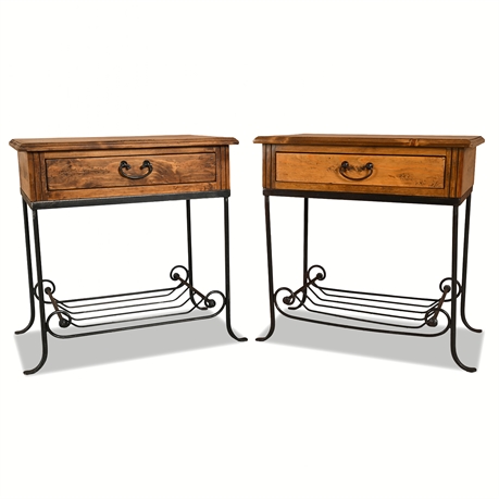 Pair Colonial Pine & Hand-Forged Iron Nightstands / Side Tables
