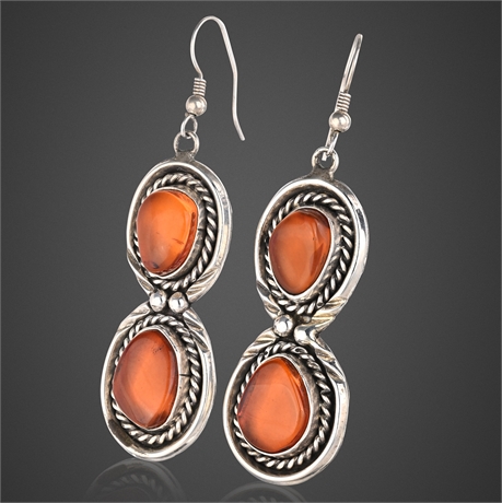 Navajo Sterling & Amber Dangle Earrings by Brenda Pete