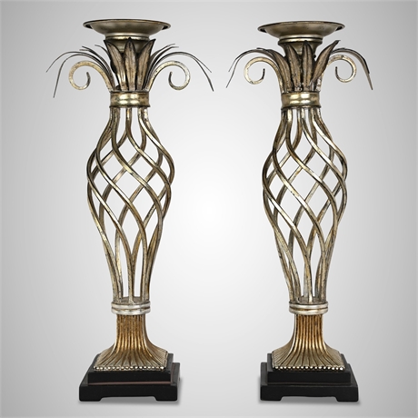 Uttermost Pair of Silver & Gold Gilt Iron Openwork Candlesticks