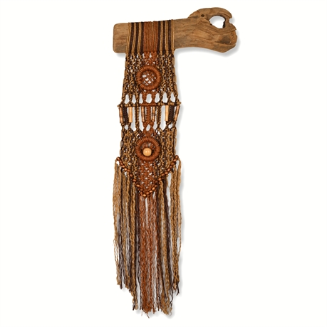 Vintage Macramé Wall Hanging on Driftwood – Marked 145, 1970s