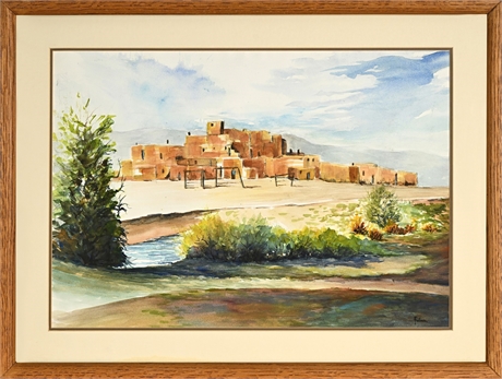 N. Fulmer Taos Pueblo Watercolor with Rio Pueblo de Taos, Framed