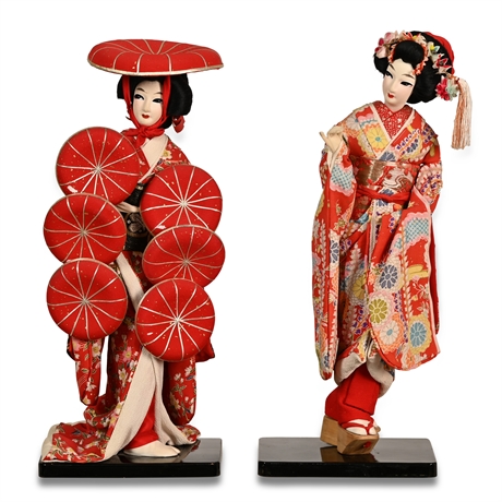 Pair Vintage Japanese Silk Animagus Dolls