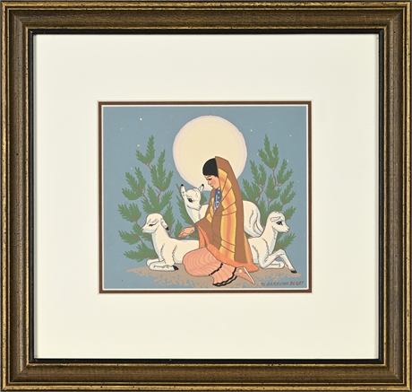 Harrison Begay Navajo Serigraph – Woman with Lambs, Moonlit Scene