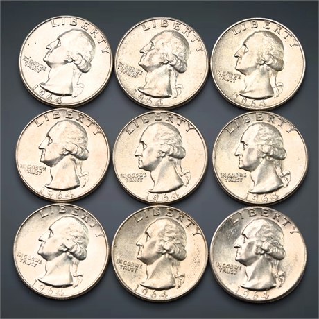 1964 (9) Washington Silver Uncirculated Quarters
