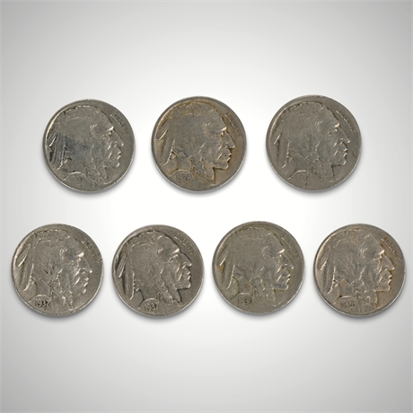 Set of 7 Buffalo Nickels (1926–1937), Classic American Coinage