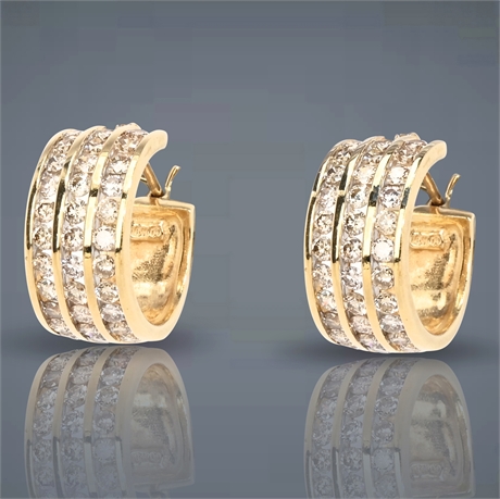 10K Triple Row Diamond Huggie Earrings