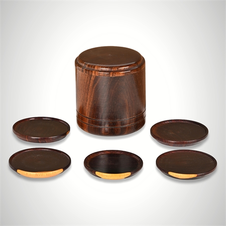 Mid-Century Turned Black Walnut Coaster Set — Lidded Holder, 5-Piece