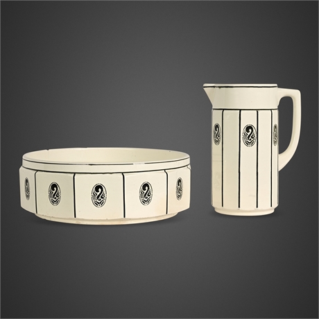 Darmstadt Art Nouveau Wash Set — Stenciled Swan Bowl & Pitcher, Pattern 312