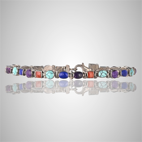 Sterling Silver 925 Multi-Stone Link Bracelet, 7.5"