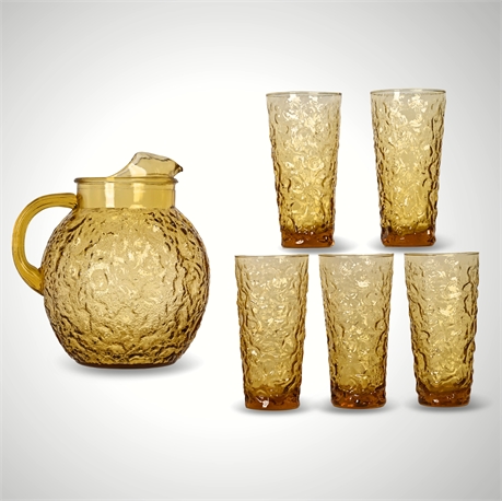 Anchor Hocking Lido Milano Honey Gold Ball Pitcher & 5 Tumblers
