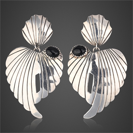 Navajo Sterling Silver Leaf Earrings w/ Onyx, 2.56", 17.9g