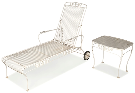 Wrought Iron Rose Pattern Patio Chaise Lounge with Table