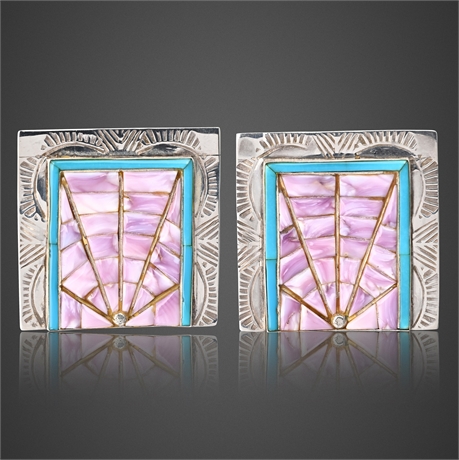 Zuni Sterling Silver Spiderweb Inlay Earrings with Turquoise & Spiny Oyster