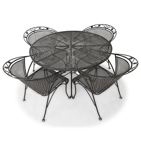 Wrought Iron Patio Dining Set w/ Grape Leaf Motif — Table & 4 Barrel Chairs