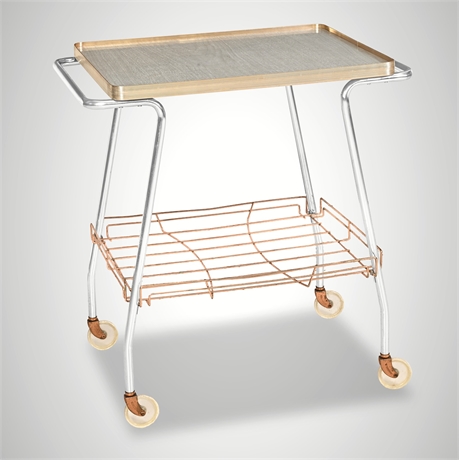 Mid-Century Modern Rolling Cart — Chrome, Copper Wire, Laminate Tray
