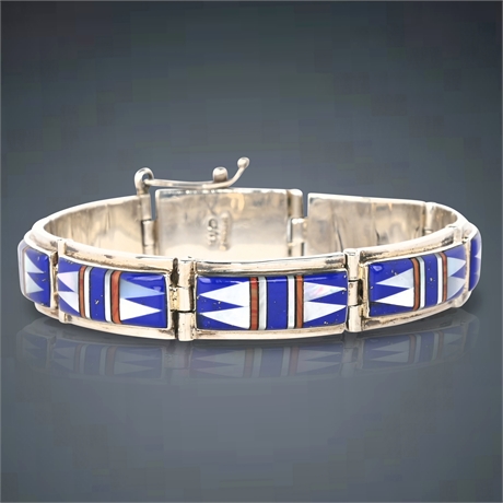 Zuni Sterling Silver Inlaid Bracelet - Lapis, Coral, and Mother of Pearl