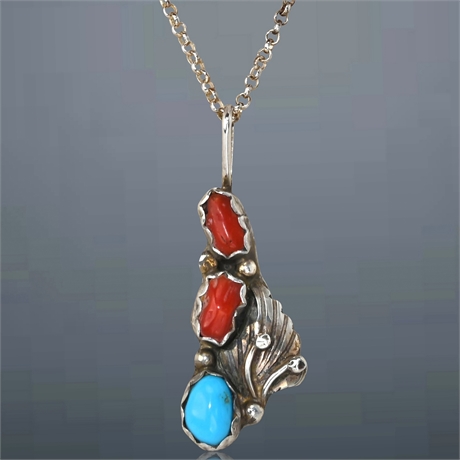 20" Sterling, Turquoise & Coral Pendant & Necklace Set