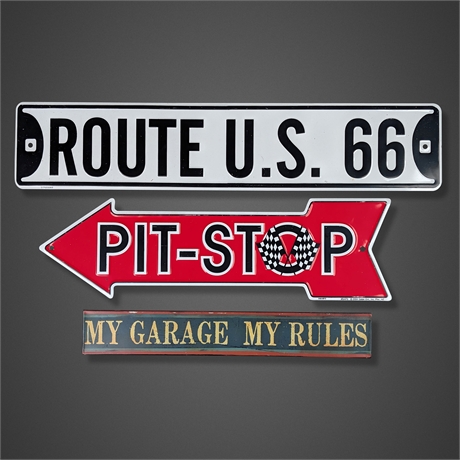 (3) Route 66 Pit Stop Garage Decor Signs Lot - Metal Auto Racing