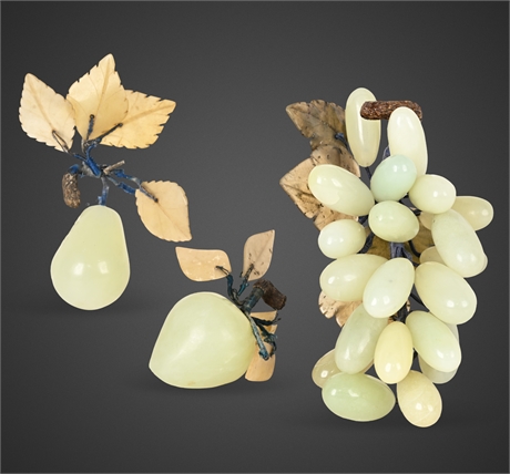Mid-Century Carved Jadeite Fruits — Grape, Peach & Pear Trio, 935g