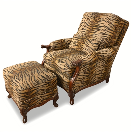 Antique Hand-Carved Walnut Lounge Chair & Ottoman – Tiger Print Upholstery