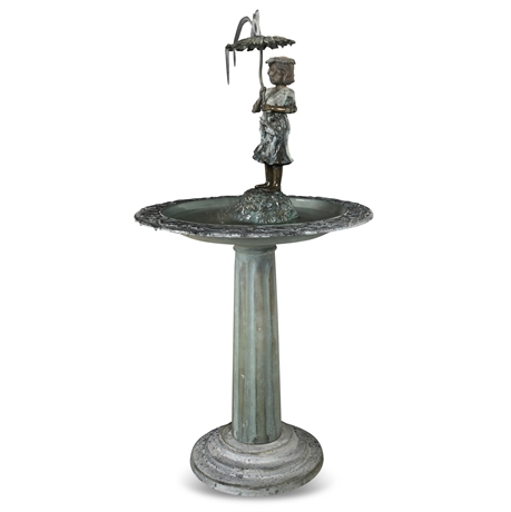 Bronze Girl with Umbrella Garden Fountain – 48" Patinated Outdoor Sculpture