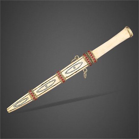 Mongolian Bone Handle Hunting Dagger w/ Enamel Scabbard