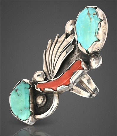 Vintage Navajo Sterling Silver Ring with Turquoise & Coral – Size 5.5