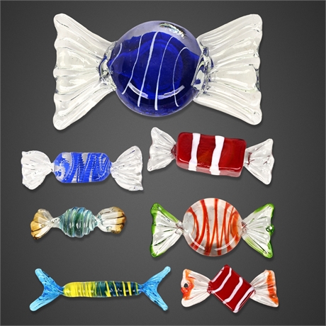 Lot of 7 Murano-Style Glass Candy Ornaments – Handcrafted Art Glass
