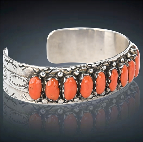 1960s Fred Weekoty Zuni Natural Red Coral & Sterling Cuff