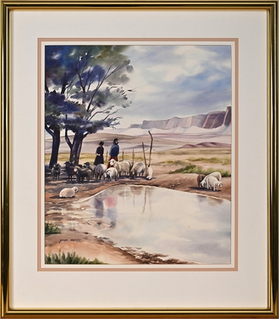 Jane Moser Original Watercolor — Diné Shepherdesses at the Watering Hole