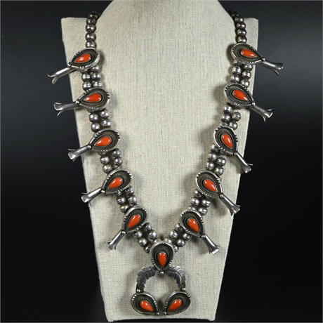Navajo Pawn Squash Blossom with Sterling Silver & Coral