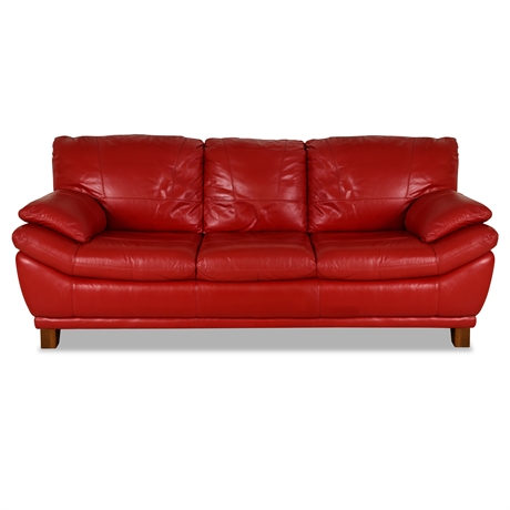 Red Full-Grain Leather 3-Seat Sofa – Contemporary Transitional Style, Wood Legs