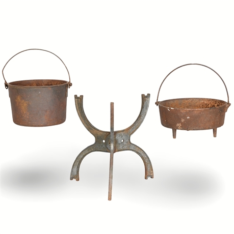 Antique Cast Iron Cauldrons and Stand