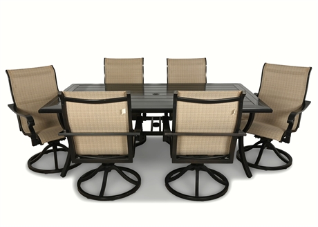 Aluminum Outdoor Dining Table with Six Swivel Chairs Featuring Sunbrella Fabric