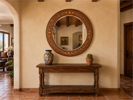 Carved Round Wall Mirror with Acanthus Scroll, Cabochons & Beveled Glass, 51"