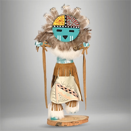 Sun Face Kachina Doll — Signed W. Juan, Wood Fur Feathers Suede, Log Base