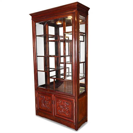 Solid Rosewood Lighted Display Cabinet w/ Deep Dragon Carvings