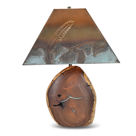 Turquoise Inlaid Mesquite Lamp with Copper Shade