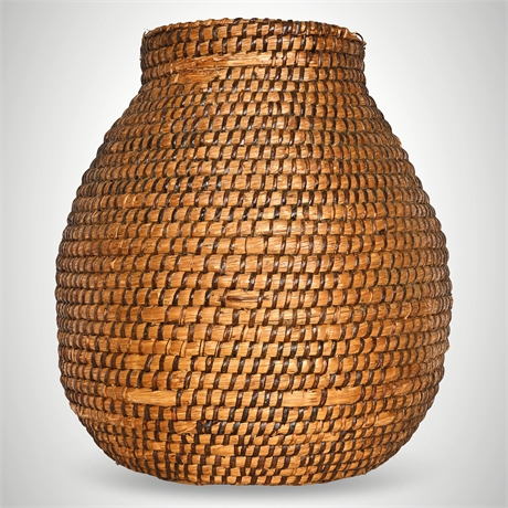 Papago or Paiute Coiled Olla Basket c.1925 — Globular Jar Form, 17" x 16"