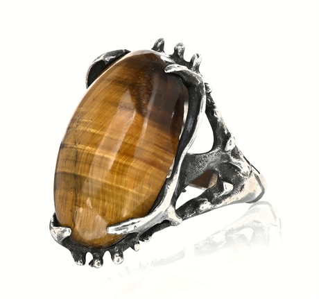 Taxco Sterling Silver Ring with Tiger’s Eye – Mid-Century Modernist, Size 6