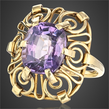 Vintage 14K Gold Sculptural Ring w/ Antique-Cut Purple Corundum