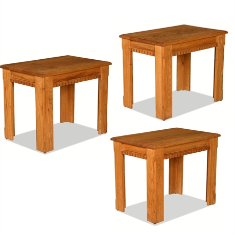 Solid Oak Territorial-Style Side Tables, Set of 3 — Saw-Tooth Carved Apron
