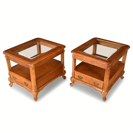 Pair Bassett Glass-Top End Tables – Carved Wood, Brass Pulls